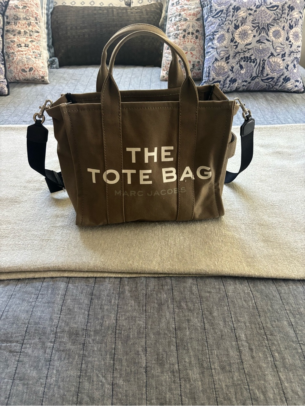 Marc Jacobs Slate Green Medium Canvas Tote with Bold Logo and Strap